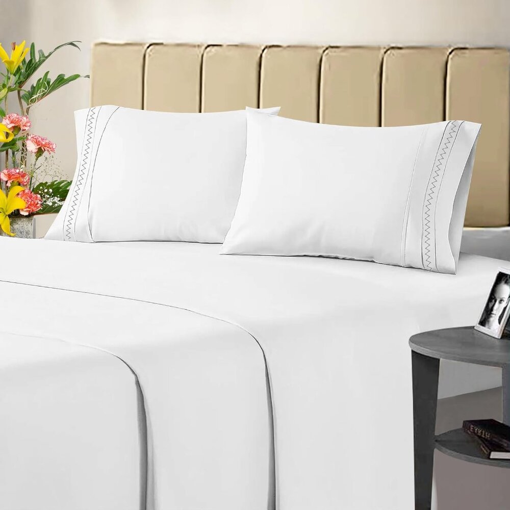 White Embroidered Hem Home Bedding Sheets Set